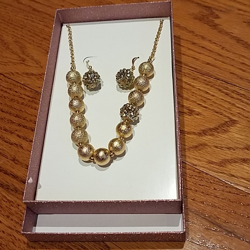 Gold Colored Beaded Necklace & Earrings Set